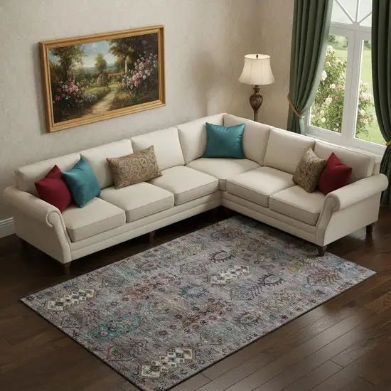 Gray And Teal Southwestern Washable Area Rug With UV Protection Photo 2