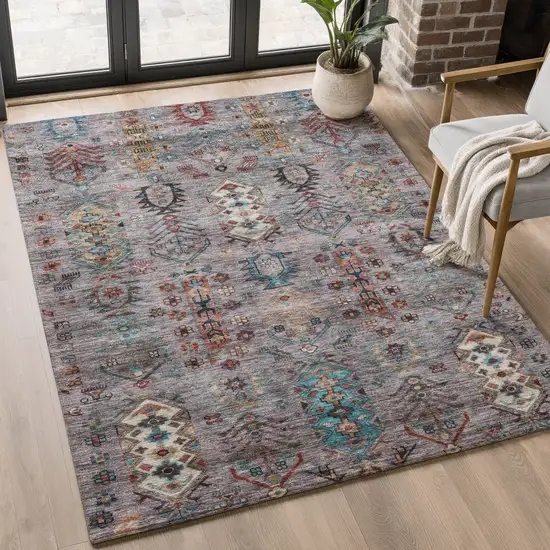 Gray And Teal Southwestern Washable Area Rug With UV Protection Photo 5