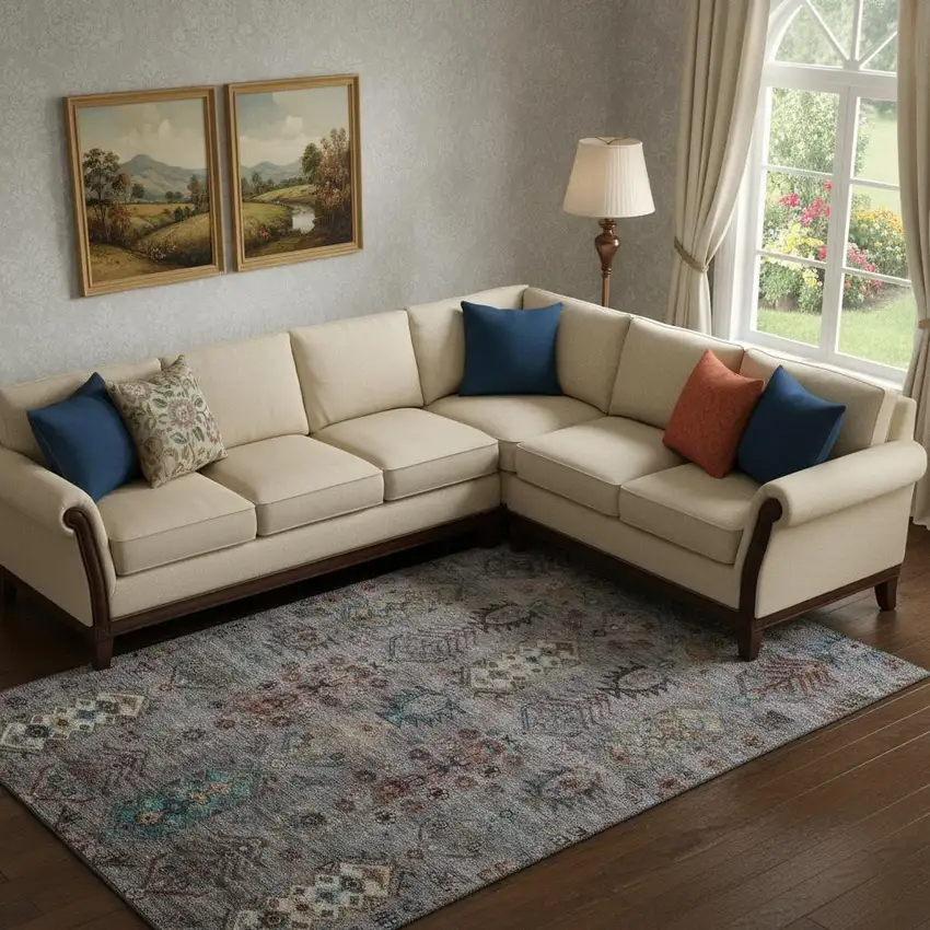 Gray And Teal Southwestern Washable Area Rug With UV Protection Photo 2