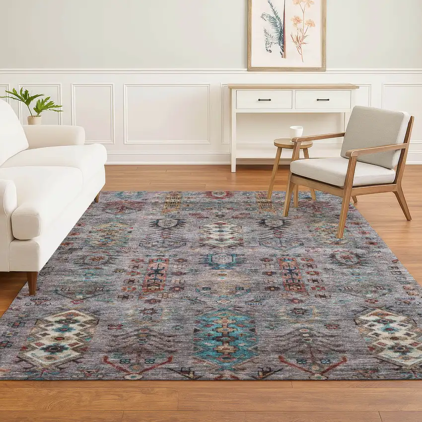 Gray And Teal Southwestern Washable Area Rug With UV Protection Photo 6