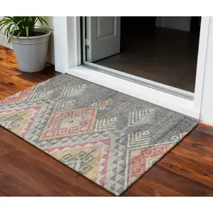 Photo of Gray And Terra Cotta Southwestern Washable Indoor Outdoor Area Rug