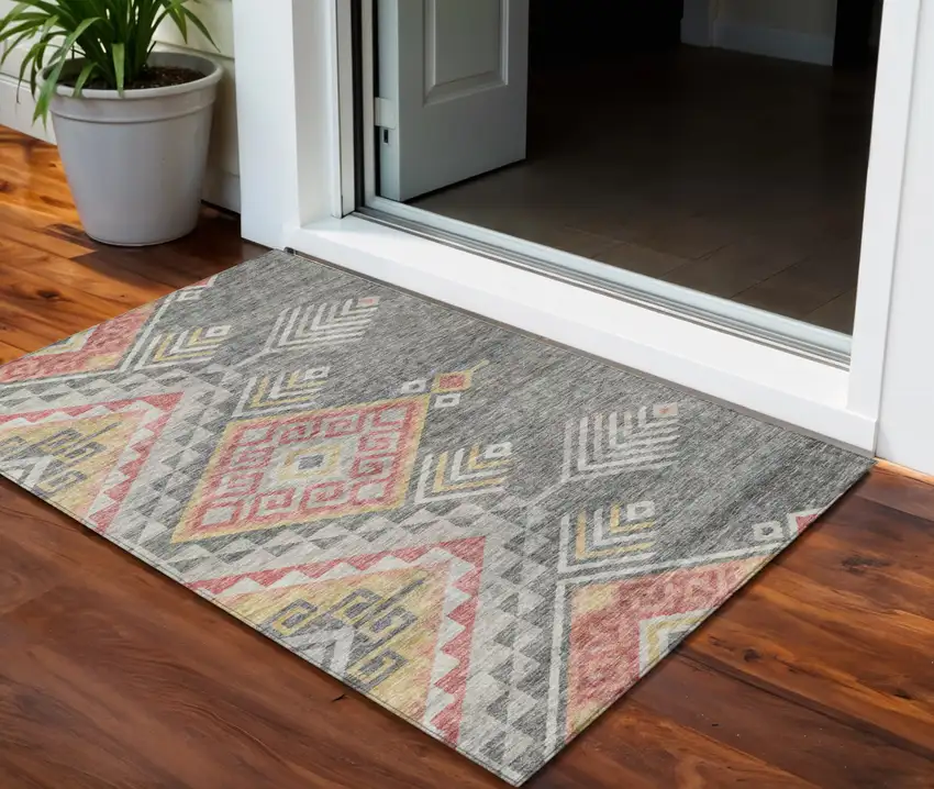 Gray And Terra Cotta Southwestern Washable Indoor Outdoor Area Rug Photo 1