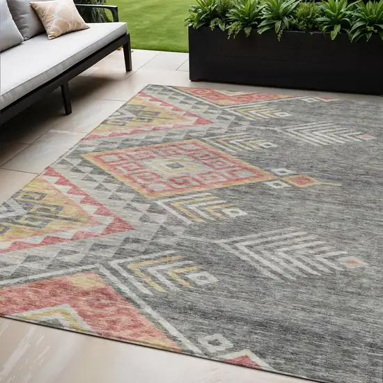 Gray And Terra Cotta Southwestern Washable Indoor Outdoor Area Rug Photo 1