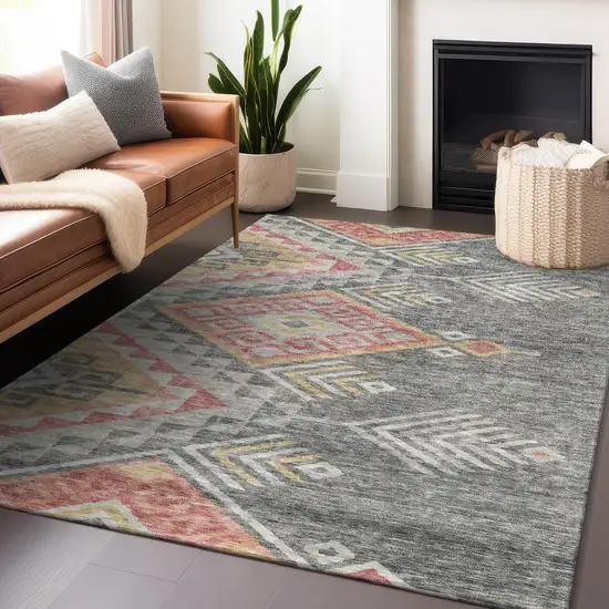 Gray And Terra Cotta Southwestern Washable Indoor Outdoor Area Rug Photo 9