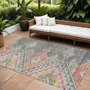 Photo of Gray And Terra Cotta Southwestern Washable Indoor Outdoor Area Rug