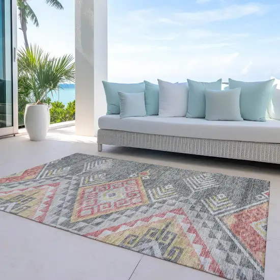 Gray And Terra Cotta Southwestern Washable Indoor Outdoor Area Rug Photo 8