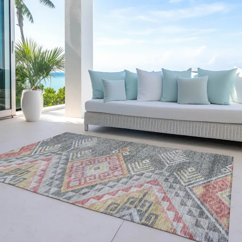 Gray And Terra Cotta Southwestern Washable Indoor Outdoor Area Rug Photo 8