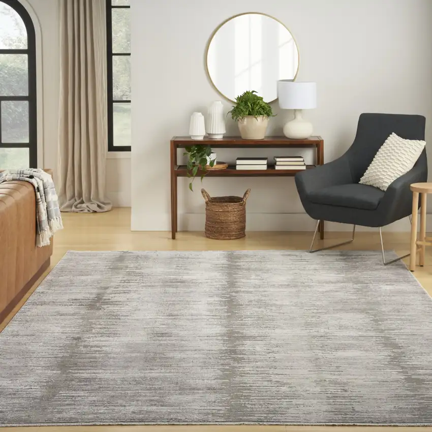 Gray And White Abstract Area Rug With Fringe Photo 6