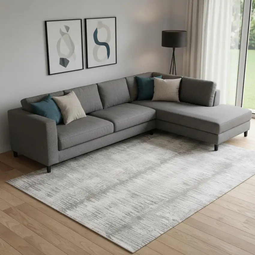 Gray And White Abstract Area Rug With Fringe Photo 1