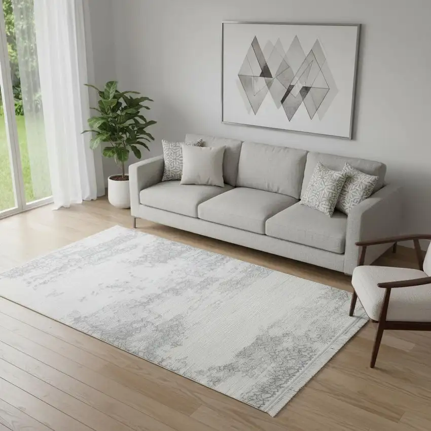 Gray And White Abstract Distressed Area Rug With Fringe Photo 1