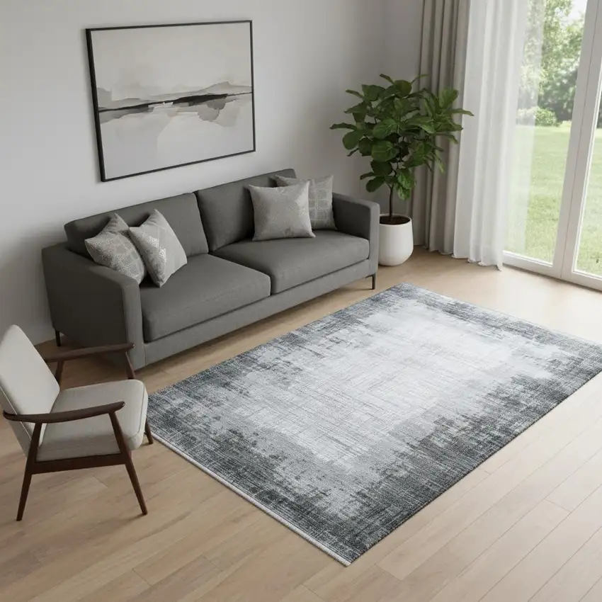 Gray And White Abstract Distressed Area Rug With Fringe Photo 1