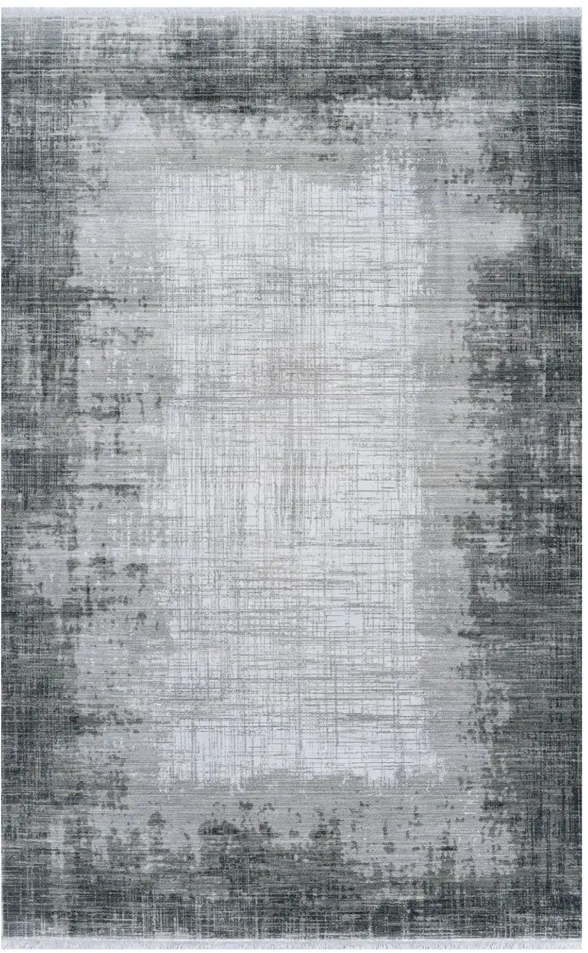 Gray And White Abstract Distressed Area Rug With Fringe Photo 2