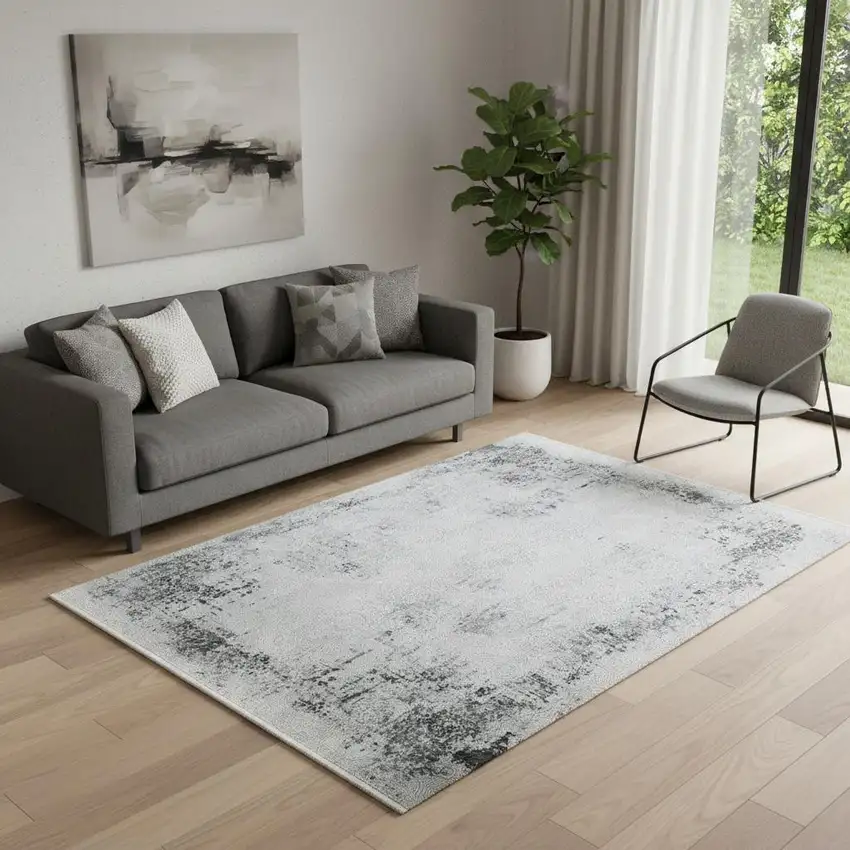 Gray And White Abstract Distressed Area Rug Photo 1