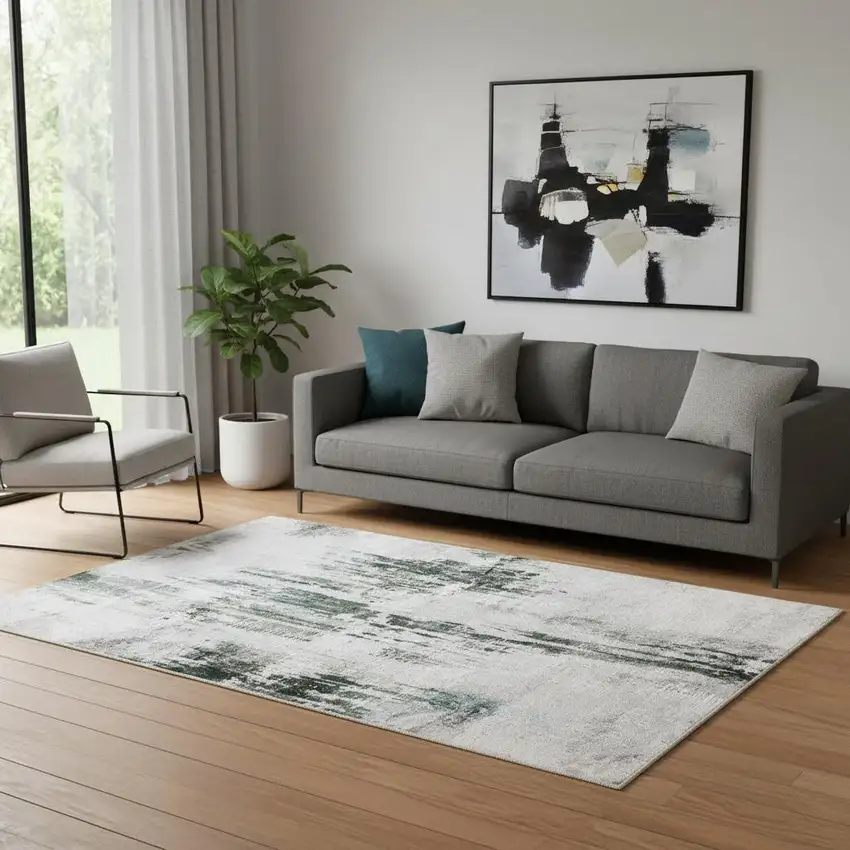Gray And White Abstract Printed Stain Resistant Non Skid Area Rug Photo 1