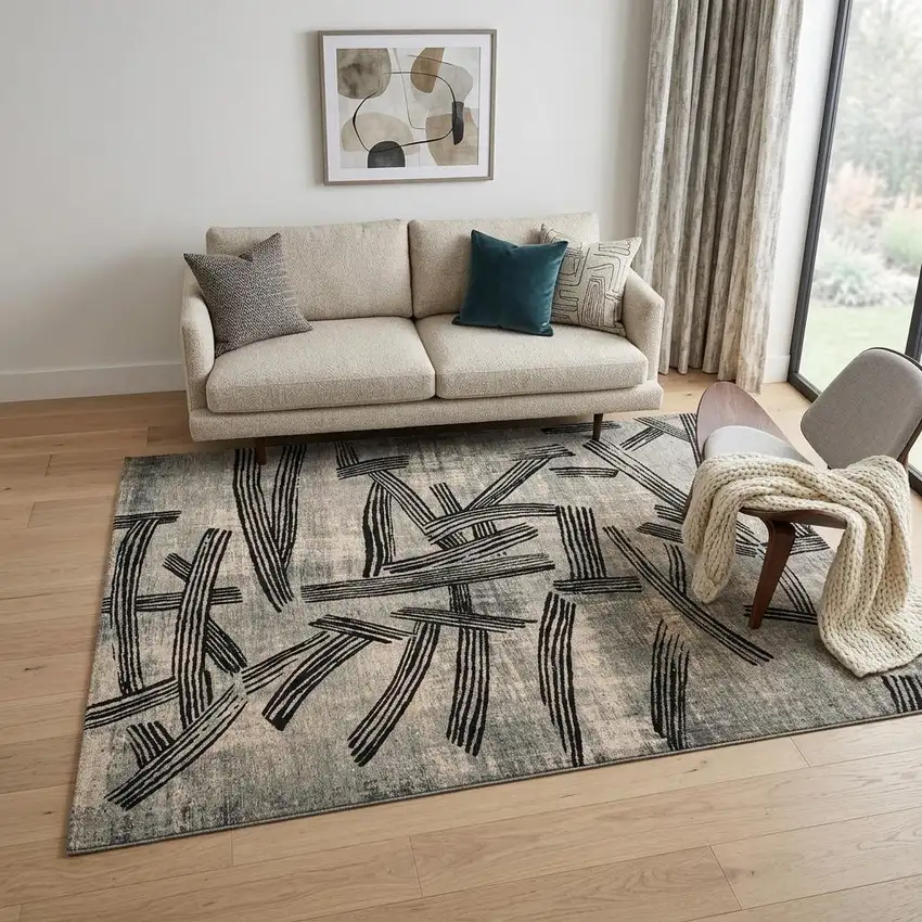 Gray And White Abstract Washable Area Rug With UV Protection Photo 1