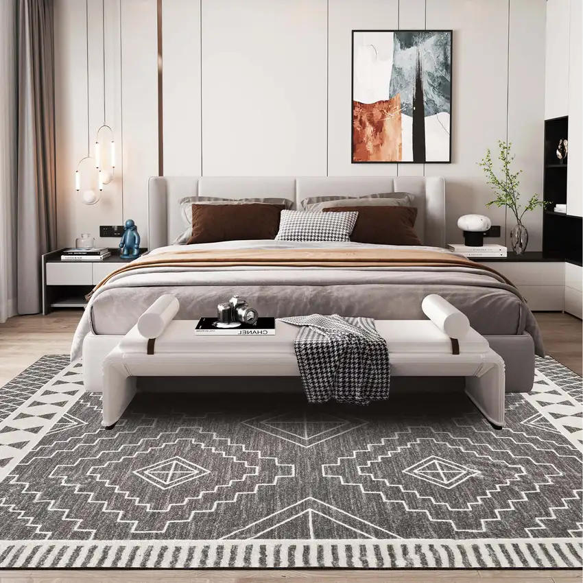 Gray And White Geometric Distressed Washable Area Rug Photo 6