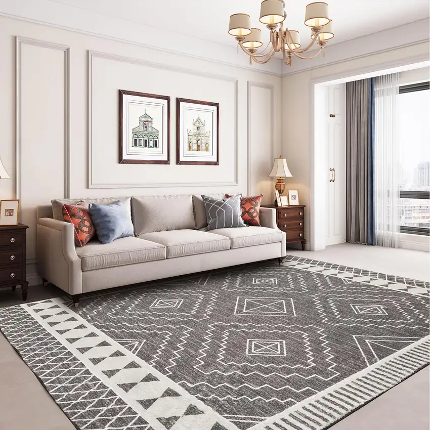 Gray And White Geometric Distressed Washable Area Rug Photo 5