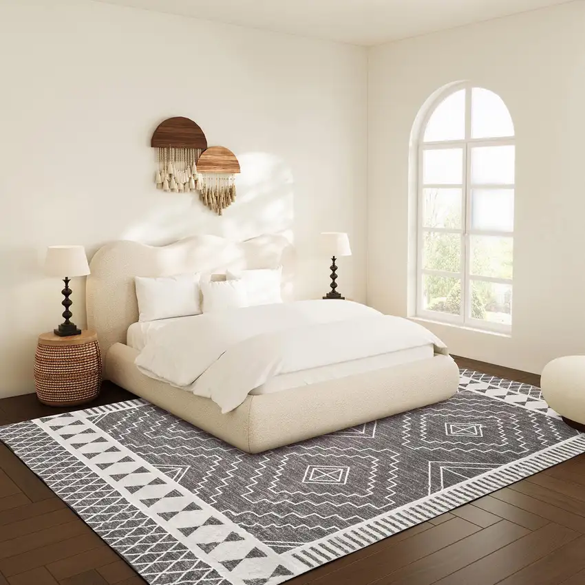 Gray And White Geometric Distressed Washable Area Rug Photo 5