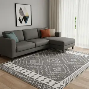 Photo of Gray And White Geometric Distressed Washable Area Rug