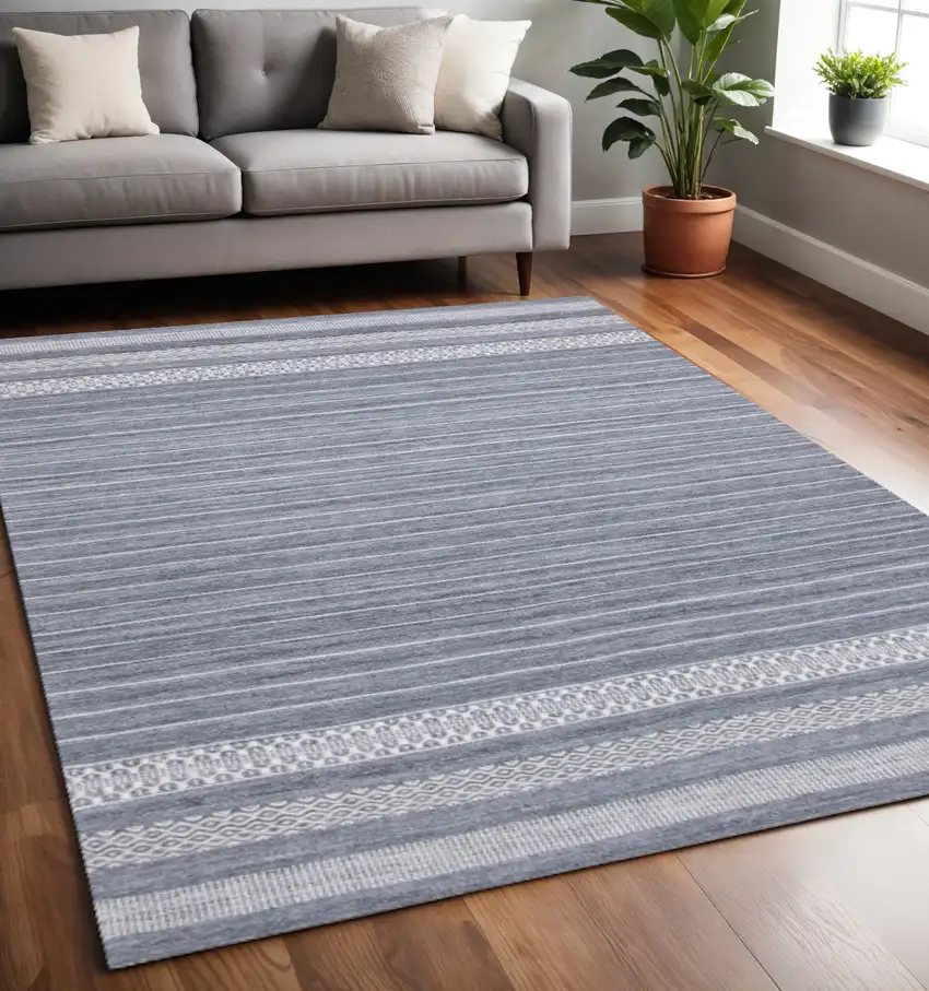 Gray And White Striped Hand Woven Area Rug Photo 1