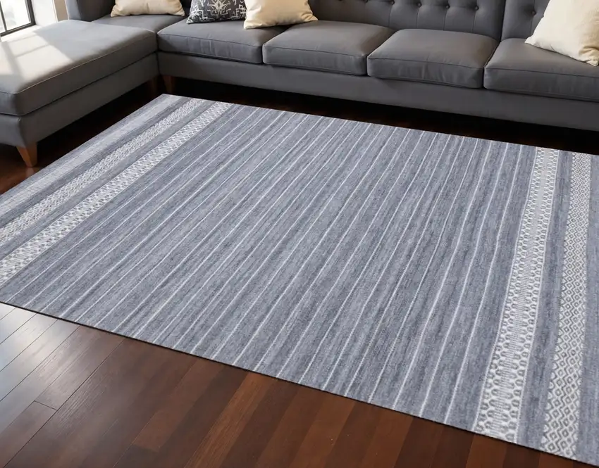 Gray And White Striped Hand Woven Area Rug Photo 1