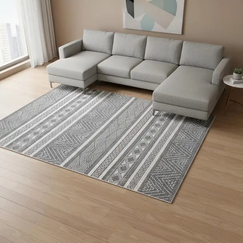 Gray And White Tribal Area Rug Photo 1