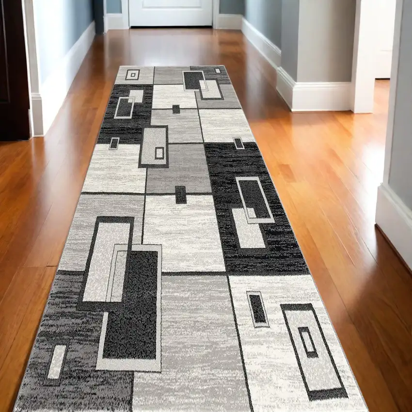 20' Gray And Black Geometric Distressed Runner Rug Photo 1