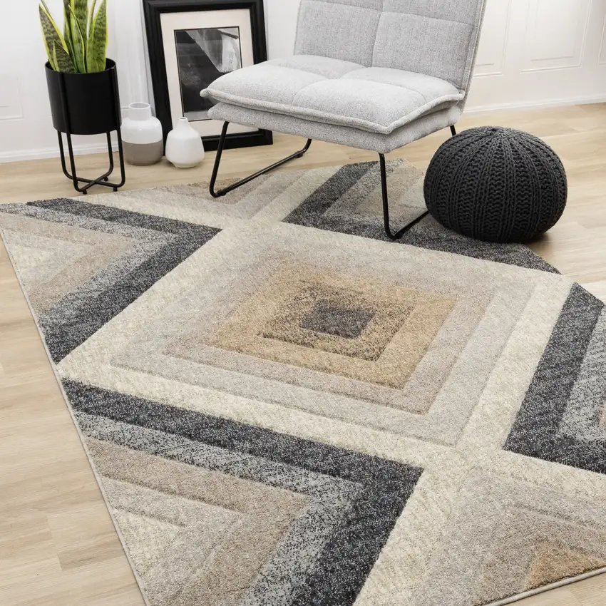 Gray Beige And Black Geometric Area Rug Photo 6