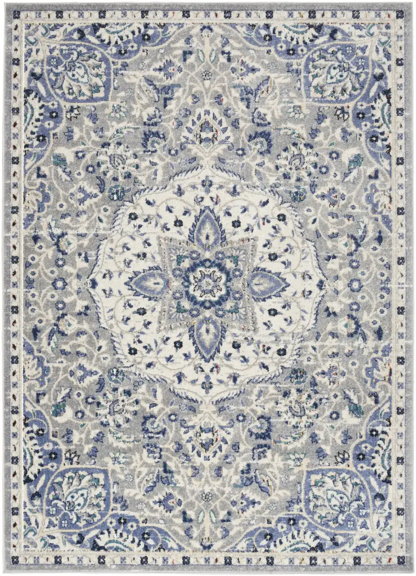 Gray Beige And Blue Floral Area Rug Photo 2