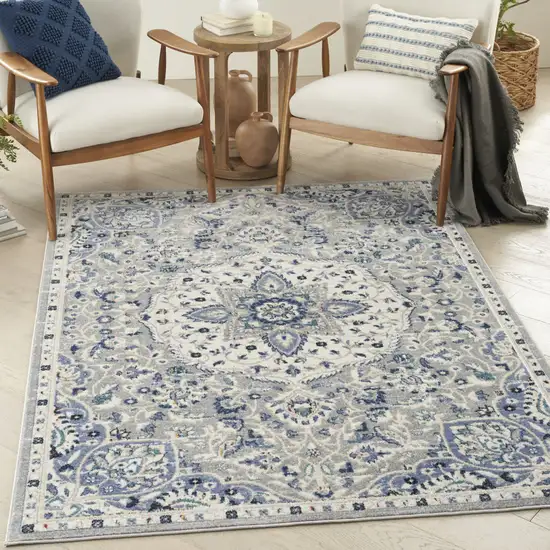 Gray Beige And Blue Floral Area Rug Photo 5