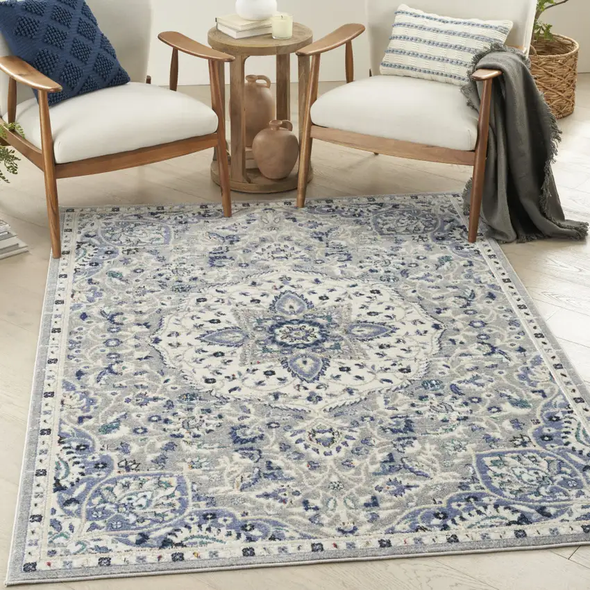Gray Beige And Blue Floral Area Rug Photo 5