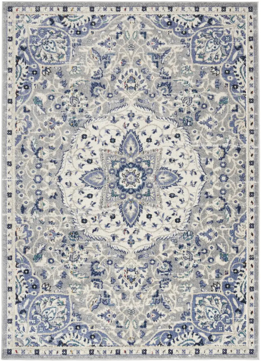 Gray Beige And Blue Floral Area Rug Photo 7