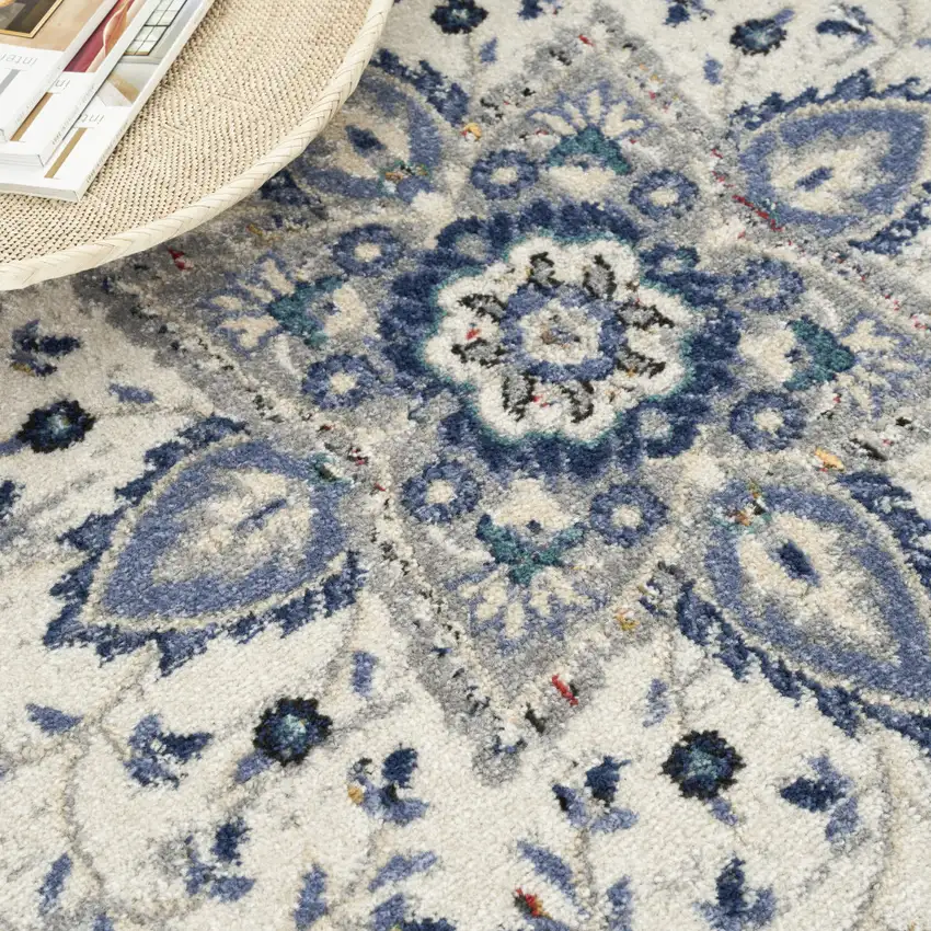 Gray Beige And Blue Floral Area Rug Photo 8