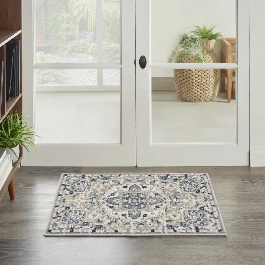 Gray Beige And Blue Floral Area Rug Photo 5