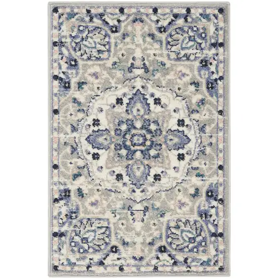 Gray Beige And Blue Floral Area Rug Photo 7