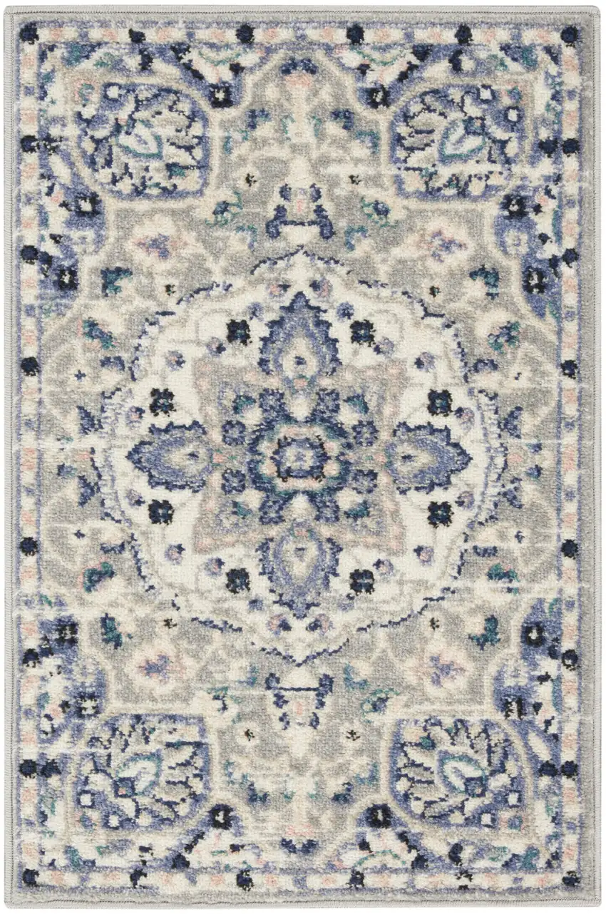 Gray Beige And Blue Floral Area Rug Photo 7