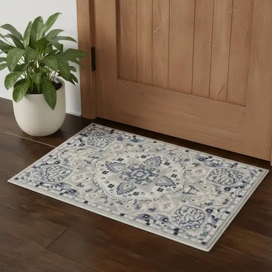 Gray Beige And Blue Floral Area Rug Photo 1