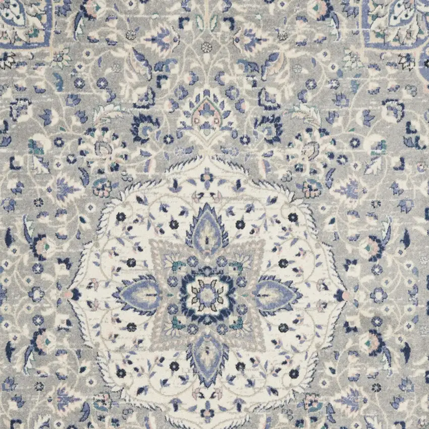Gray Beige And Blue Floral Medallion Area Rug Photo 9