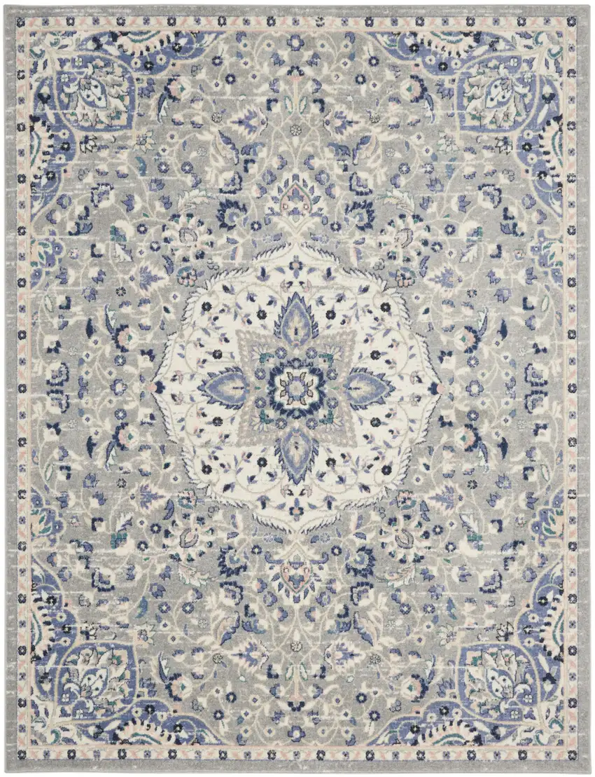 Gray Beige And Blue Floral Medallion Area Rug Photo 7
