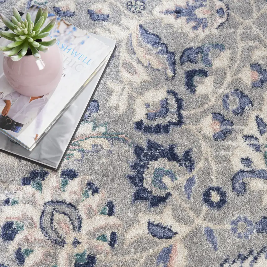 Gray Beige And Blue Floral Medallion Area Rug Photo 9
