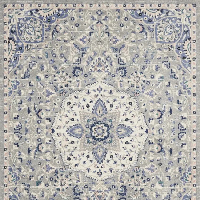 Gray Beige And Blue Floral Medallion Area Rug Photo 8