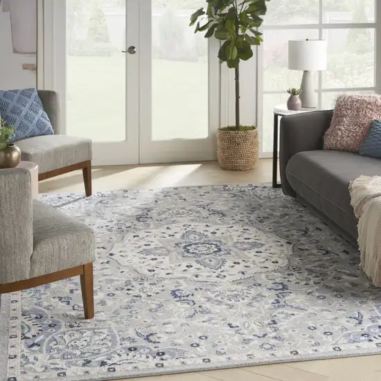 Gray Beige And Blue Floral Medallion Area Rug Photo 5