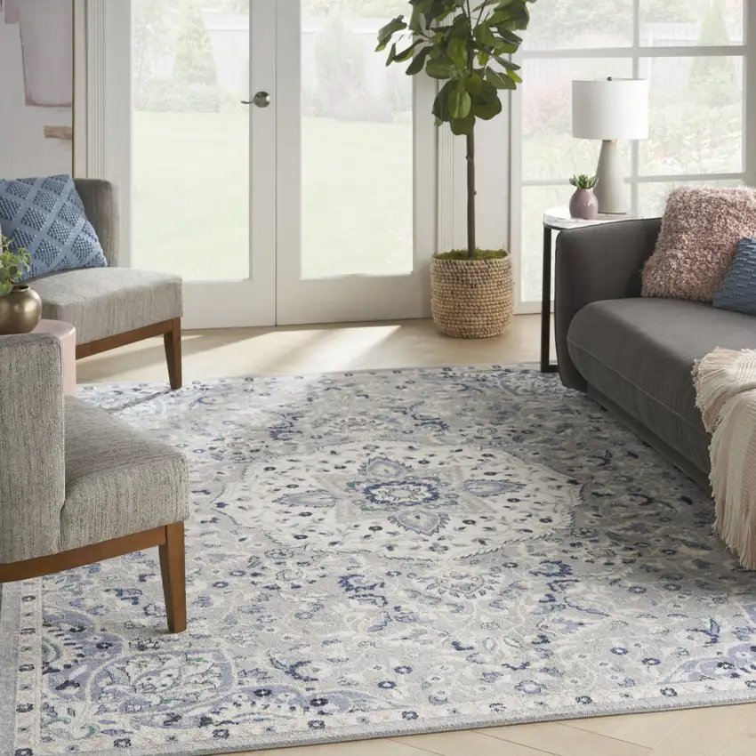 Gray Beige And Blue Floral Medallion Area Rug Photo 5
