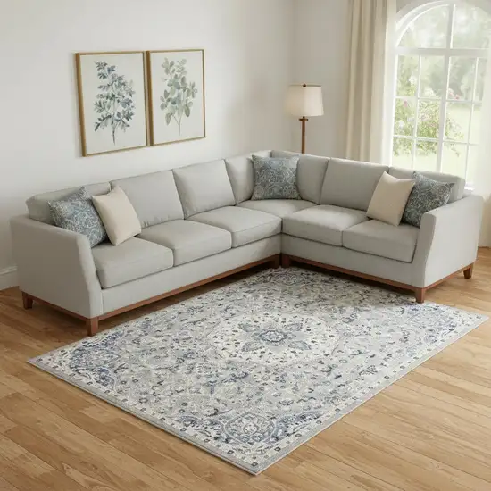 Gray Beige And Blue Floral Medallion Area Rug Photo 1