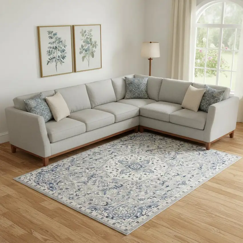 Gray Beige And Blue Floral Medallion Area Rug Photo 1