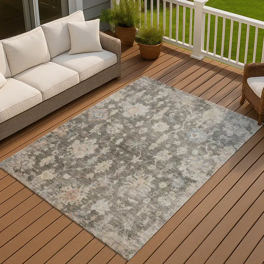 Gray Beige And Blue Floral Washable Indoor Outdoor Area Rug Photo 3