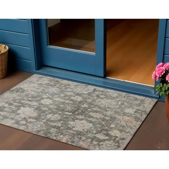 Gray Beige And Blue Floral Washable Indoor Outdoor Area Rug Photo 1