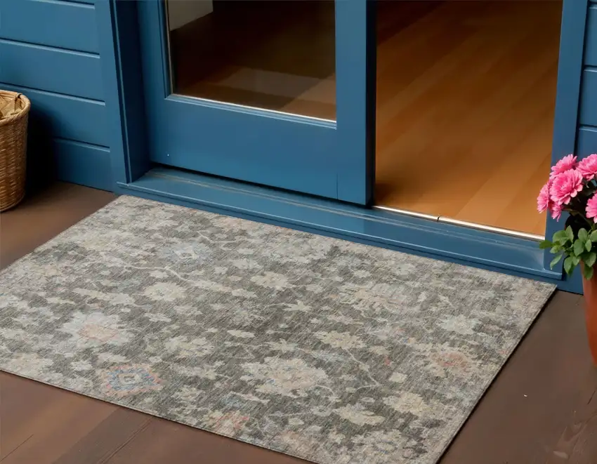 Gray Beige And Blue Floral Washable Indoor Outdoor Area Rug Photo 1