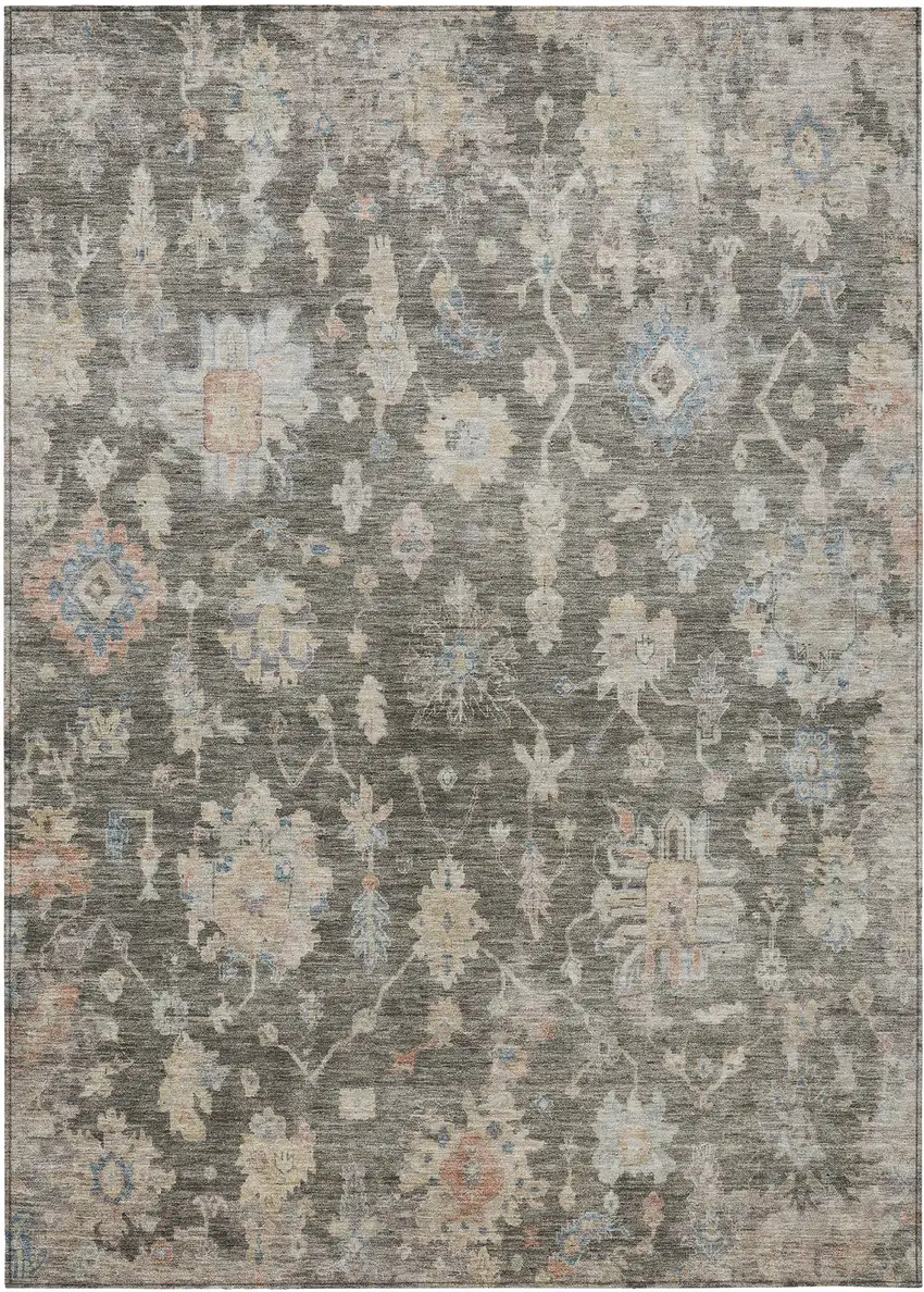 Gray Beige And Blue Floral Washable Indoor Outdoor Area Rug Photo 8