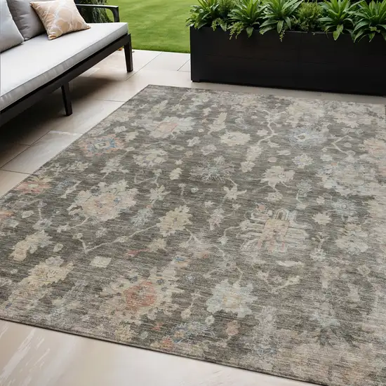 Gray Beige And Blue Floral Washable Indoor Outdoor Area Rug Photo 1
